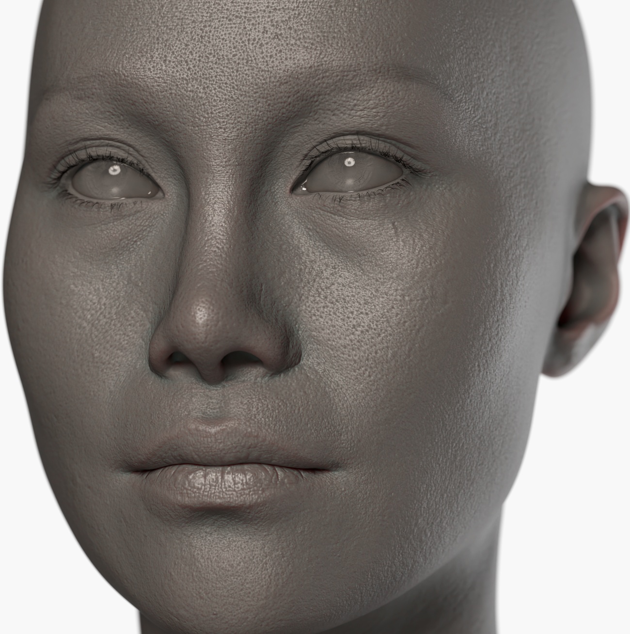 Clay render of a female 3D head scan showing fine skin pore and surface detail captured via photogrammetry